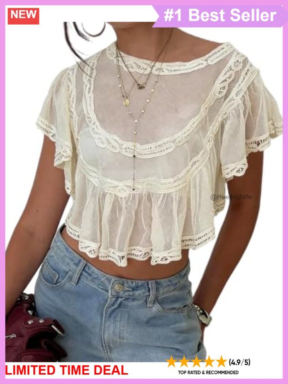 Lace Sheer Poncho Top Ruffle Sleeve Flowy Shawl Cover Up